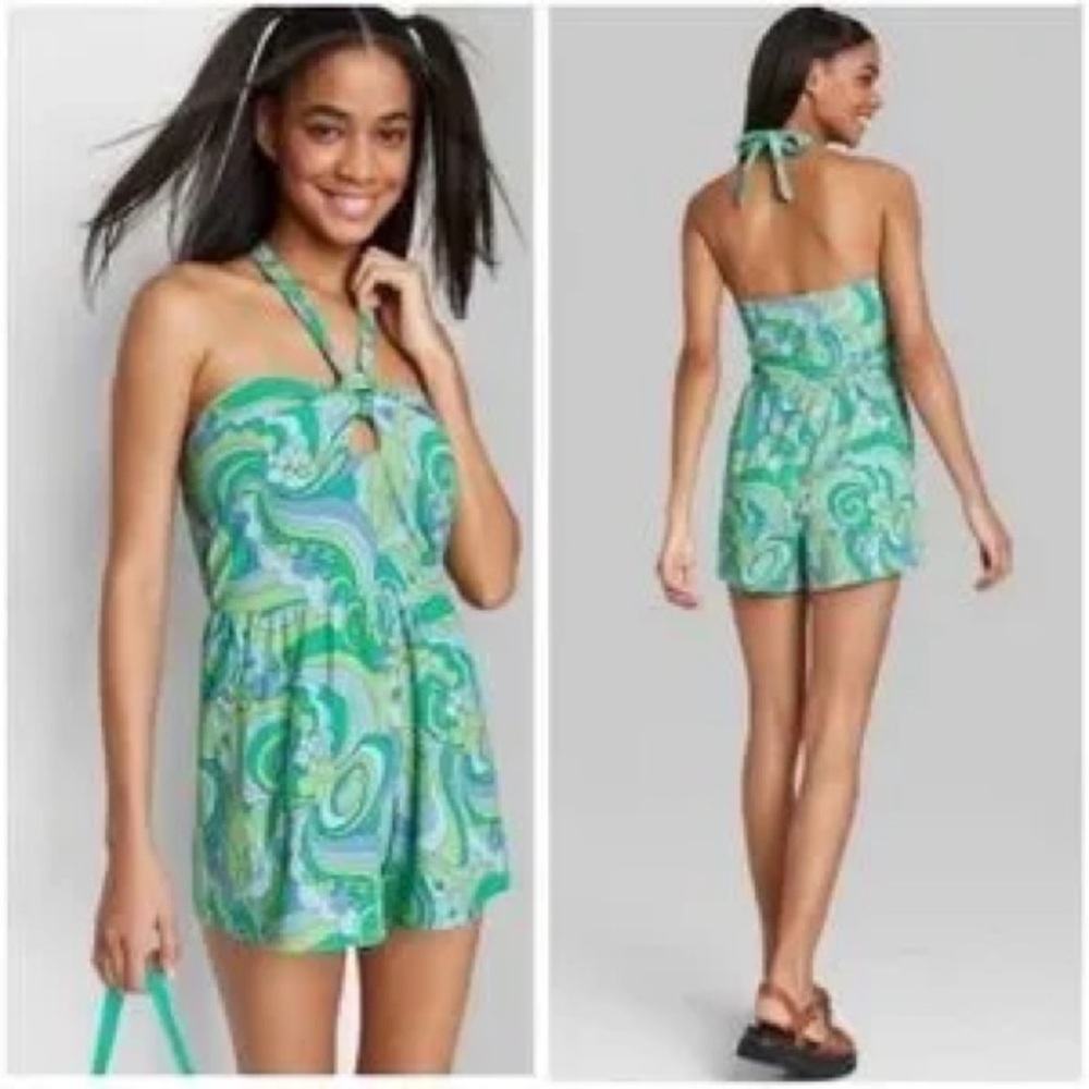 Wild Fable size medium Blue Swirl Halter beach Cover Up Terry Romper Jumpsuit😎